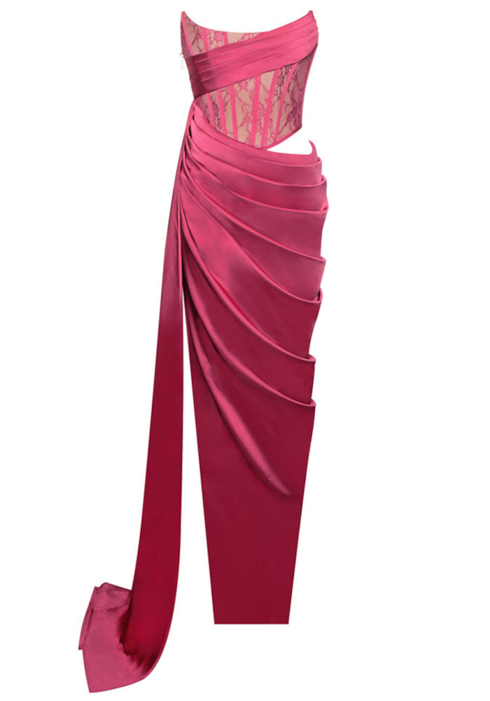 Strapless Lace Corset Draped Floor-Length Dress