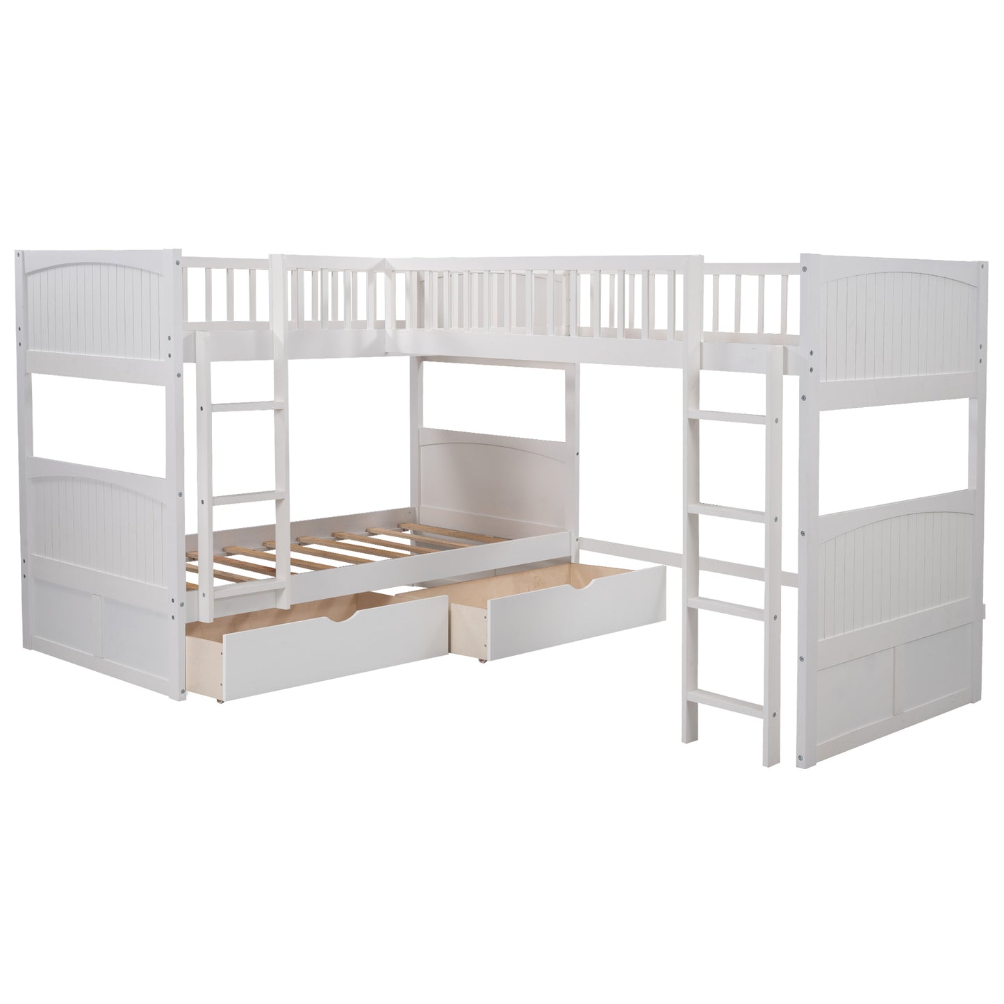 Twin Size Triple Bunk Bed with a Loft Bed attached, with Two Drawers
