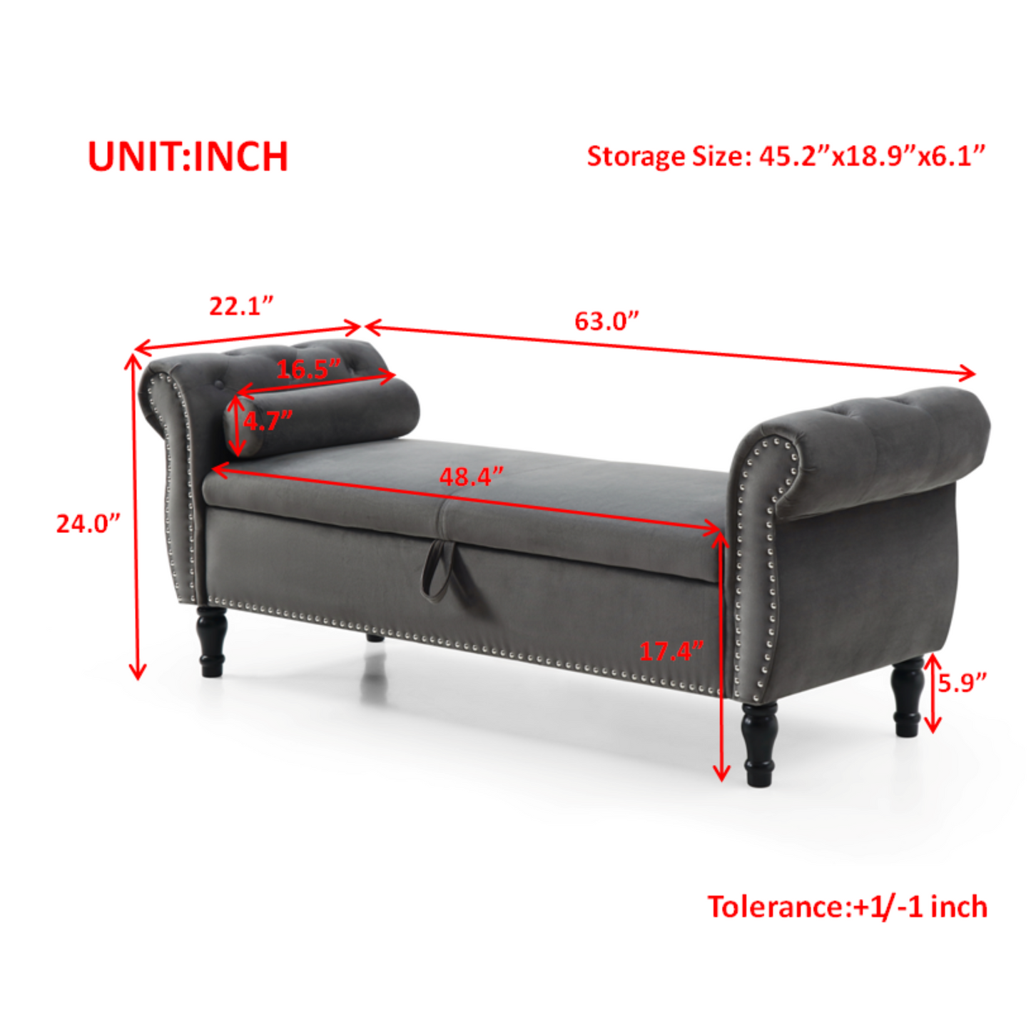 63in./160cm Button-Tufted Faux Leather/Velvet Upholstered Storage Bench with Pillow