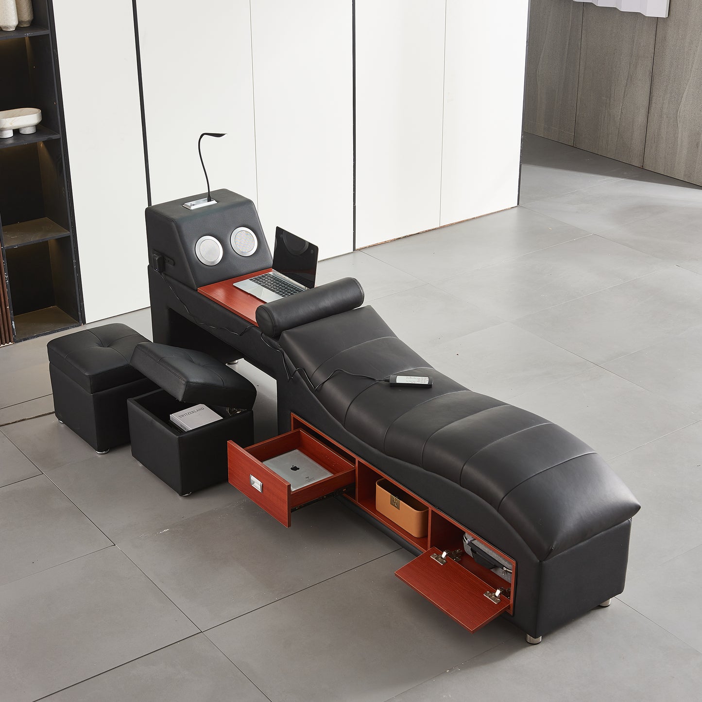 Upholstered Storage Bed Frame with Massage Chaise Lounge, Queen Size