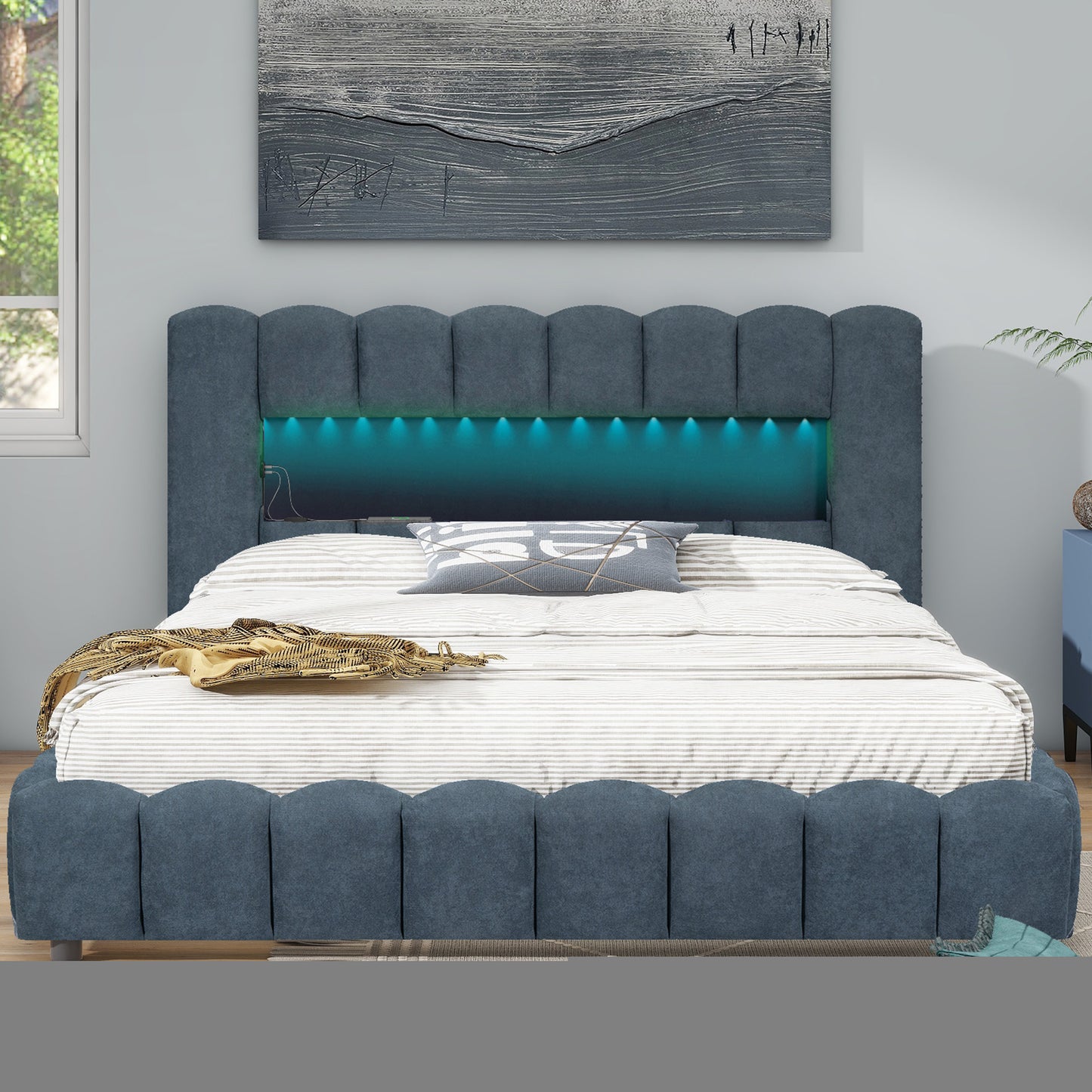 Queen Size Upholstered Platform Bed with LED Headboard and USB