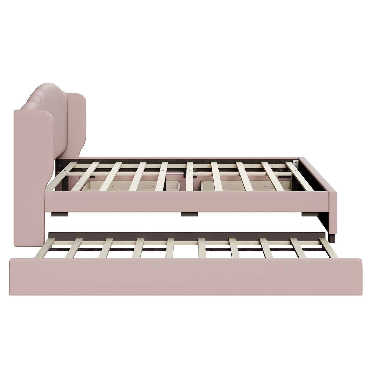 Queen Size Upholstered Platform Bed with Wingback Headboard, 1 Twin Trundle and 2 Drawers, Linen Fabric, No Box Spring Needed