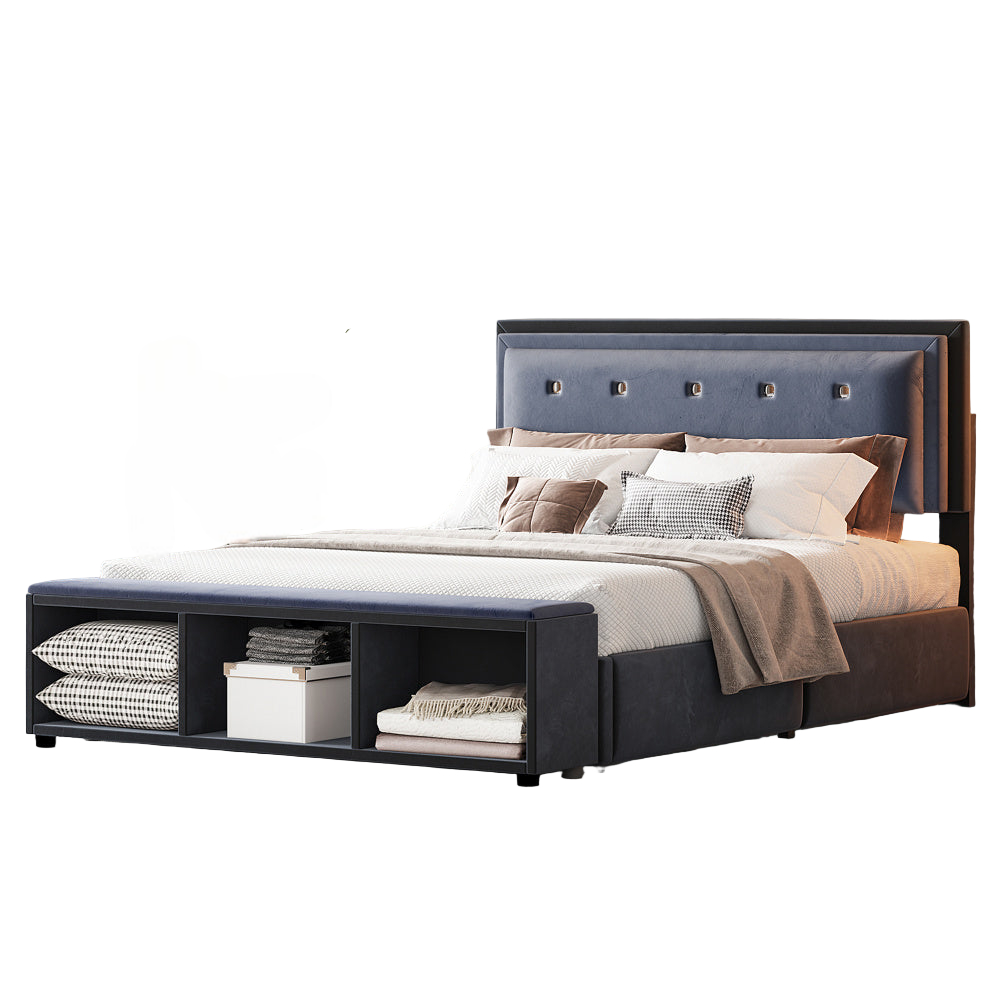 140x200 cm Upholstered Double Bed with Adjustable Headboard & Storage, Grey Velvet