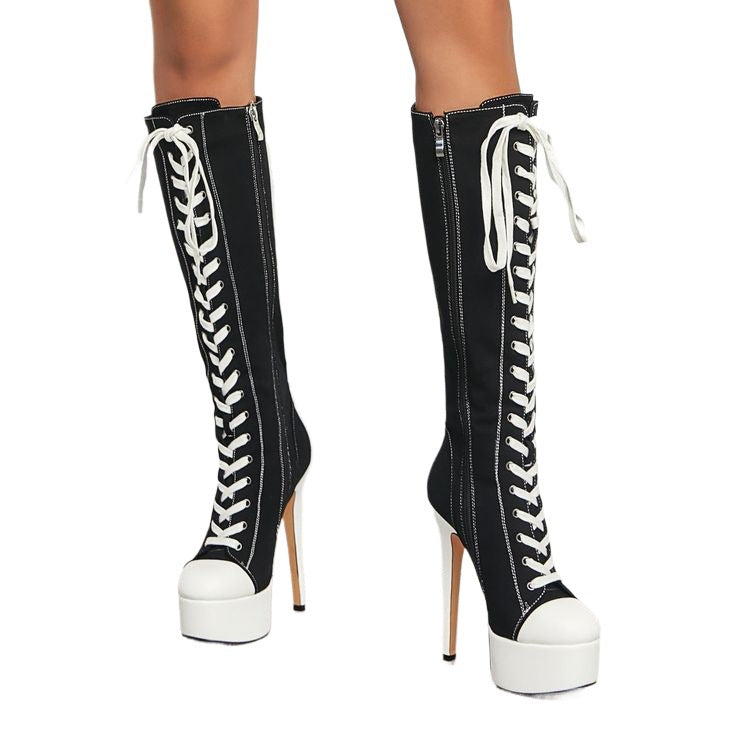 Canvas Stilettos Platform Knee-High Boots