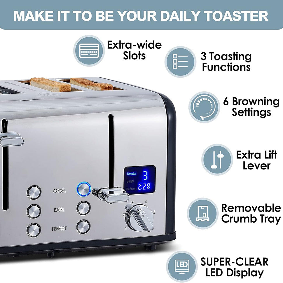 Stainless Steel 4-Slice Toaster, Intelligent LED with Timer Display