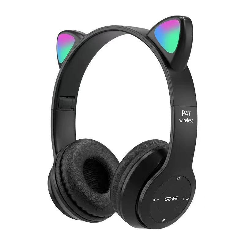 P47M Wireless Cat Ear Bluetooth Headphones with RGB LED Lights, 3.5mm AUX Jack, TF Card Slot
