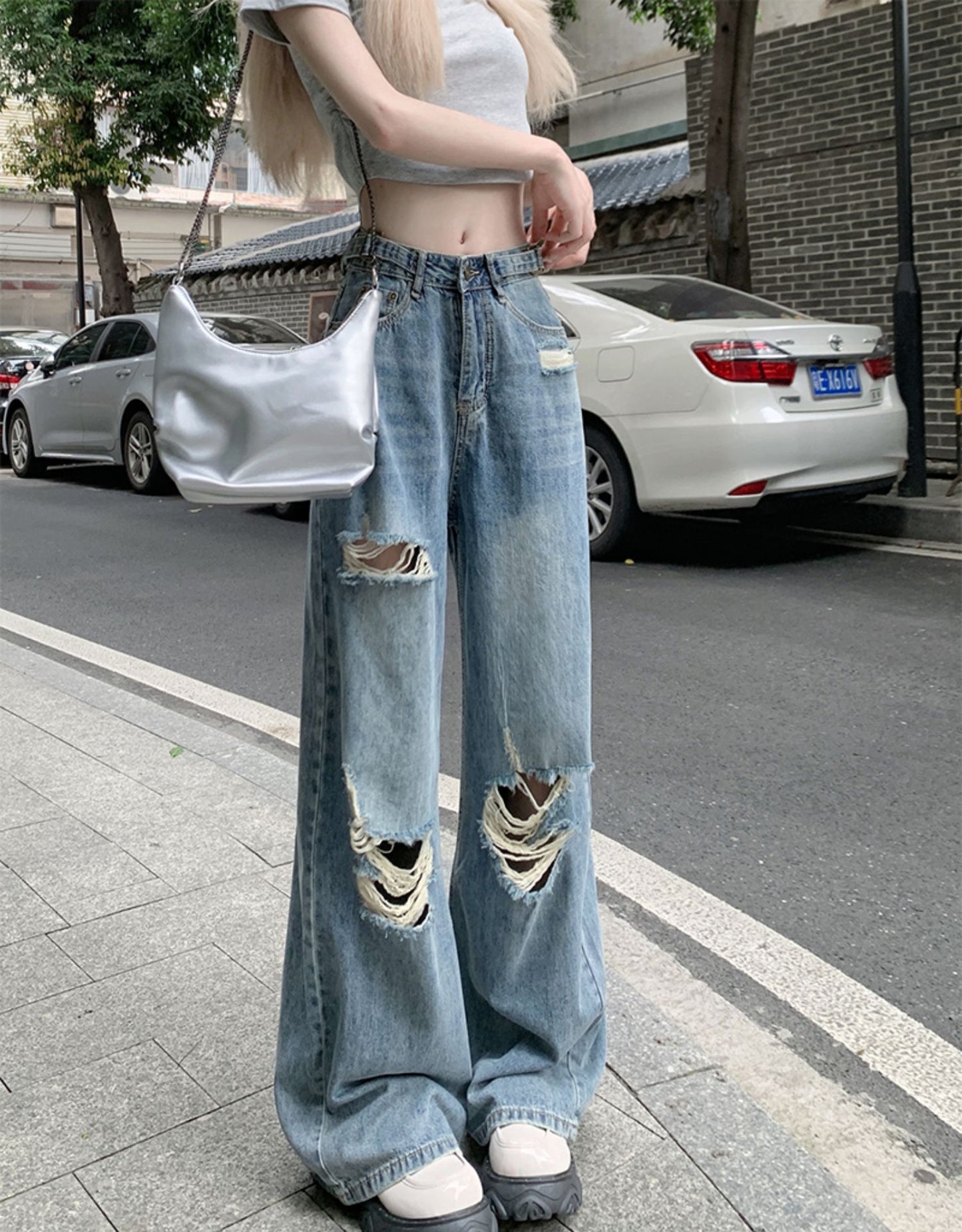 High-Waisted Baggy Ripped Jeans