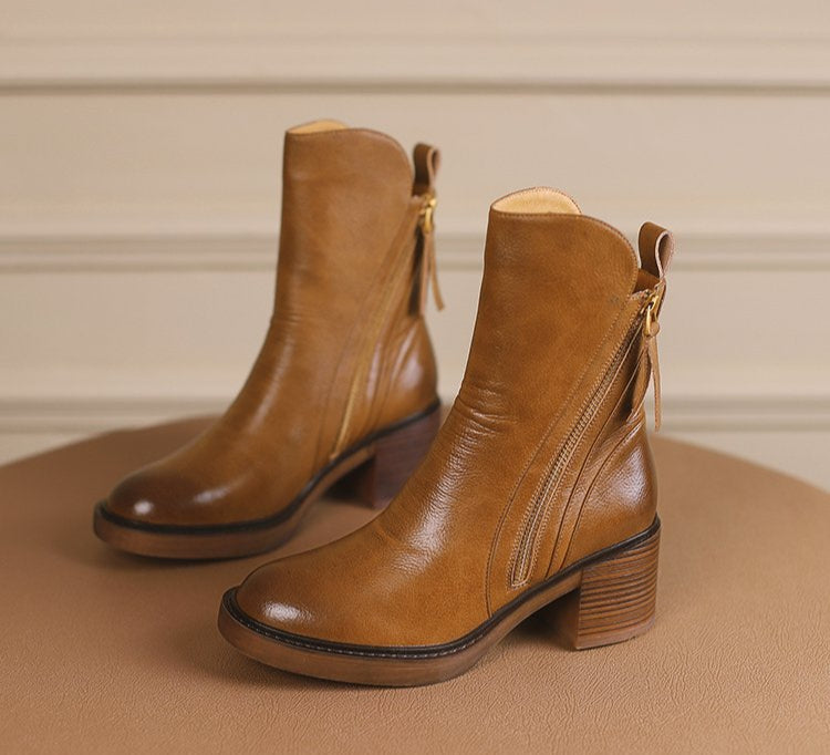 Genuine Leather Block Heel Boots
