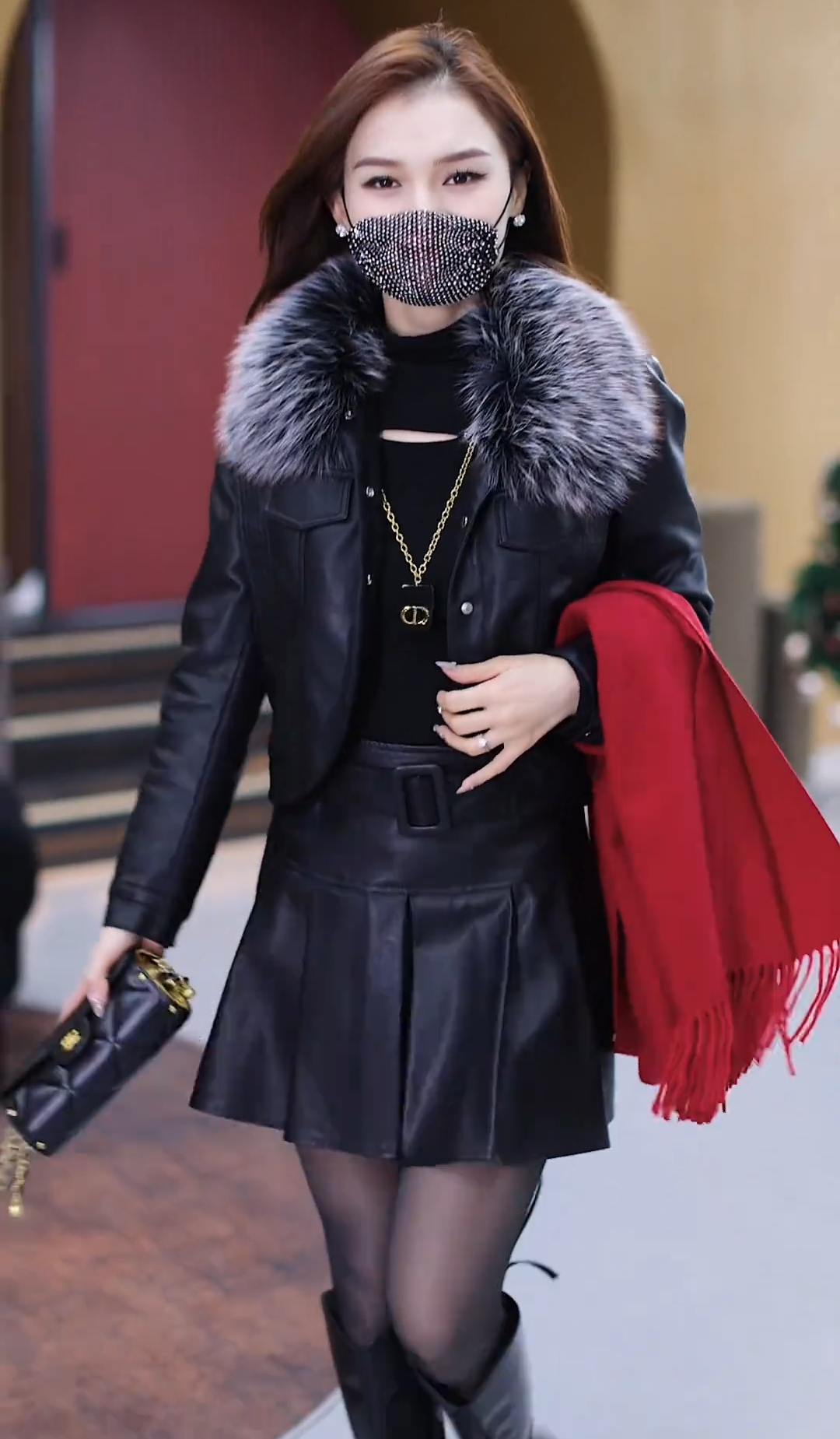 Faux Leather Jacket with Fur Collar