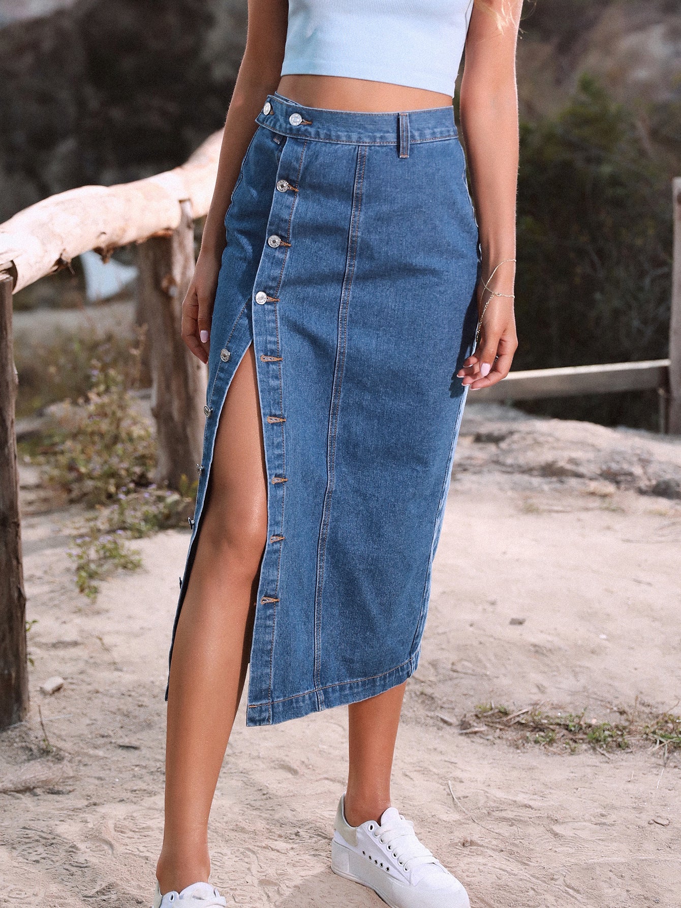 High-Waisted Button-Up Front Slit Denim Skirt