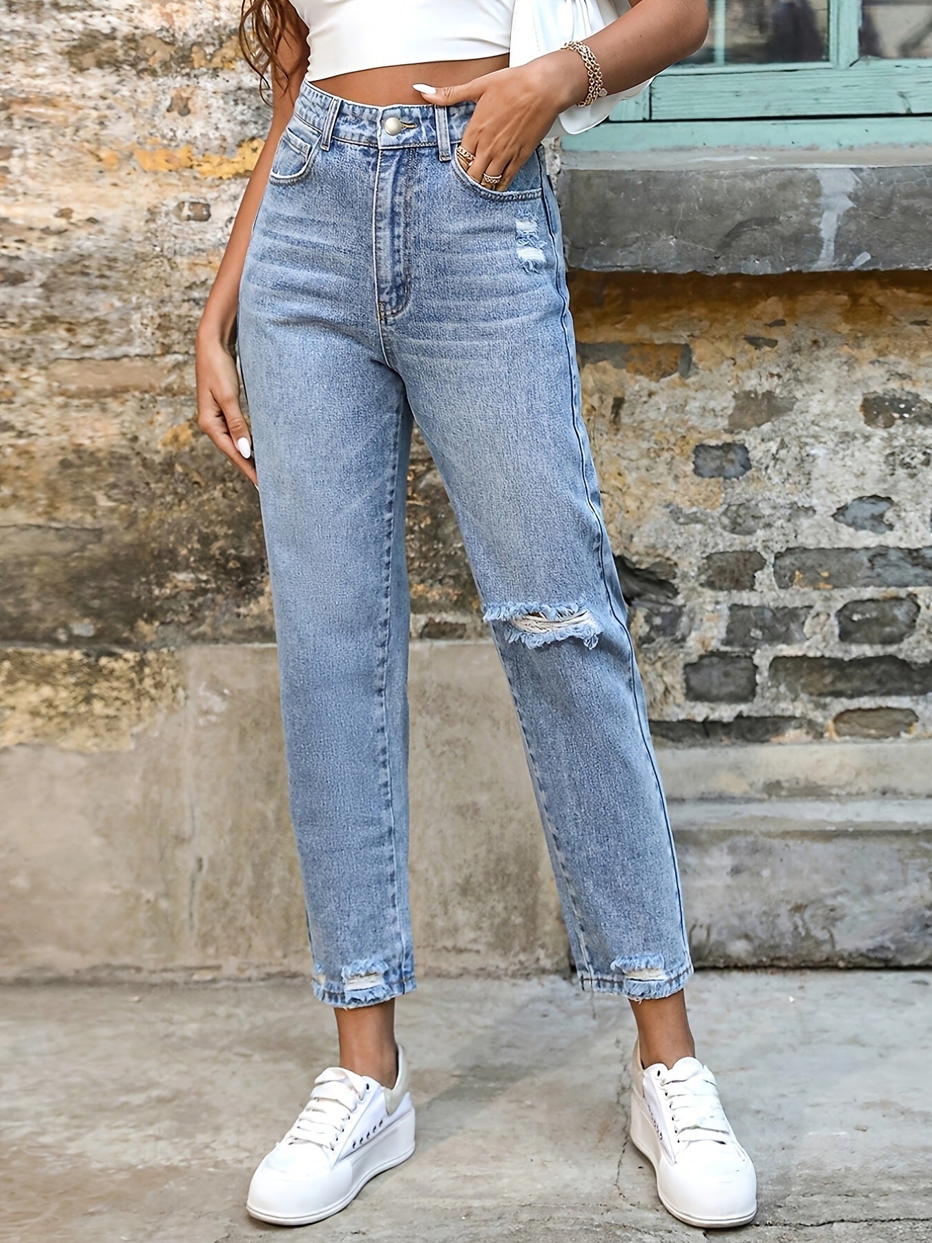 High-Waisted Straight Leg Ripped Jeans