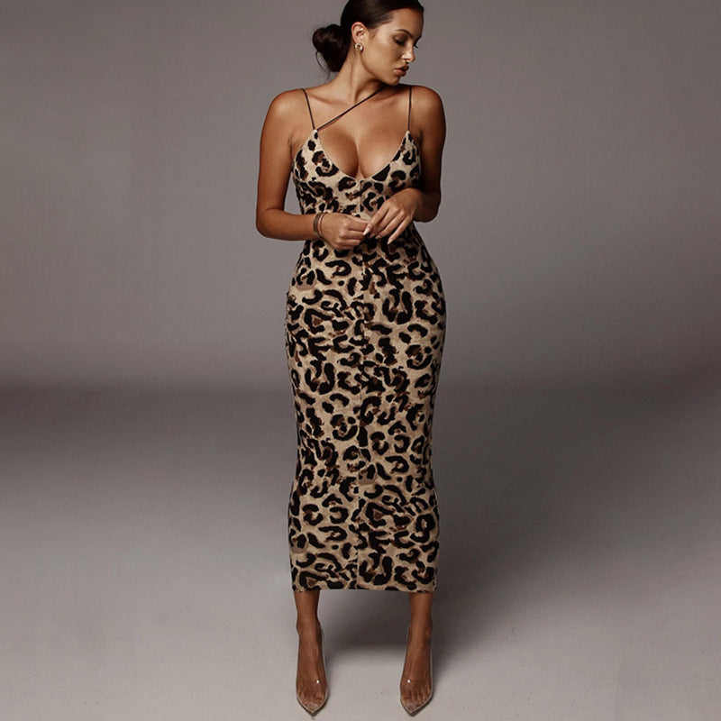 Leopard/Snake Print Deep V Backless Maxi Dress
