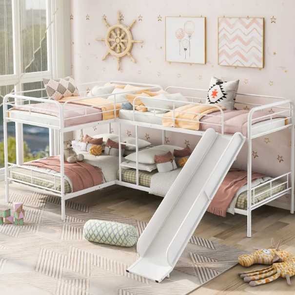 Twin Size L-Shaped Bunk Bed with Slide and Ladder