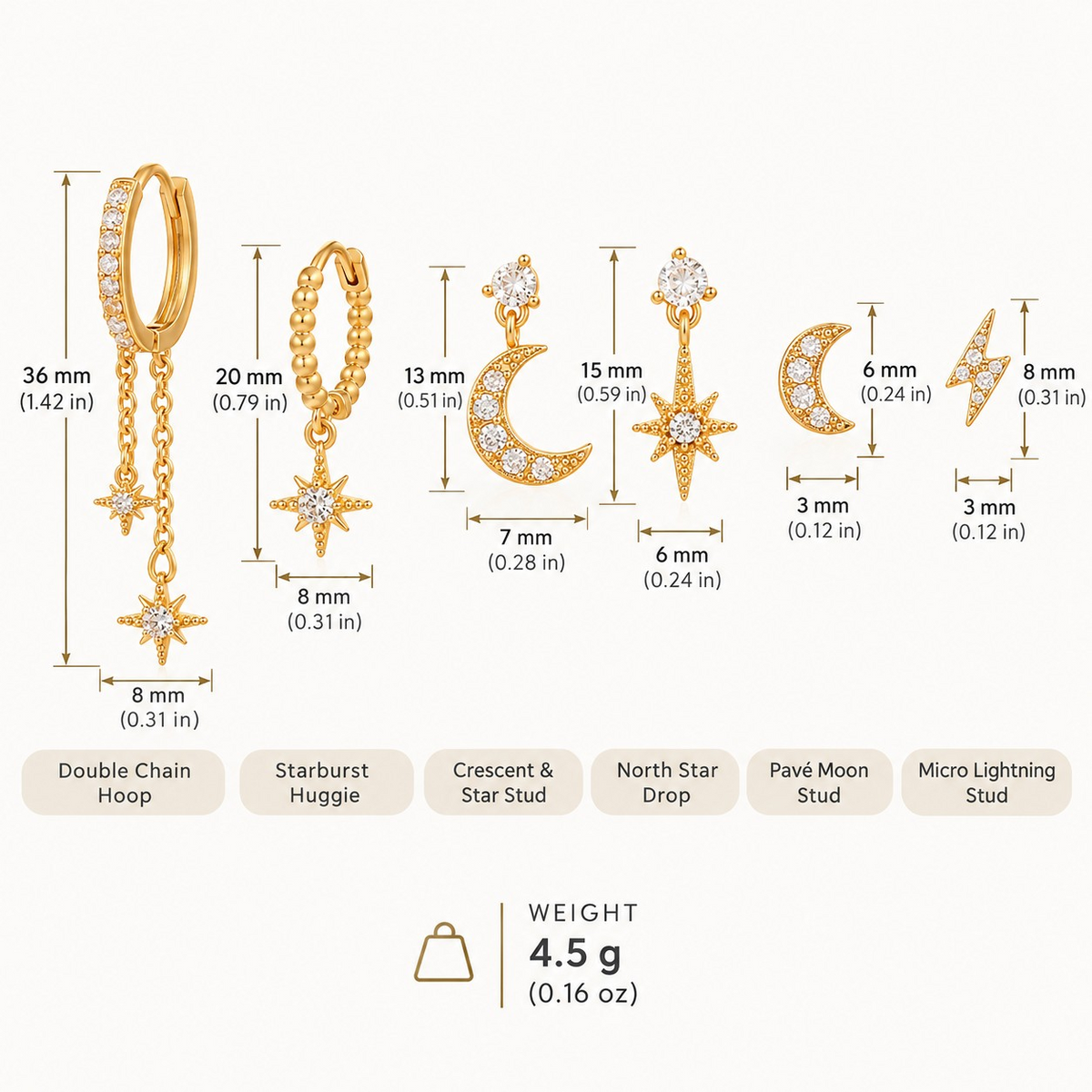 6-Piece 18k Gold Star-Moon Celestial Earring Set
