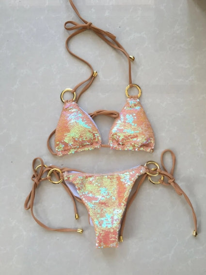 2-Piece Sequin Halter Bikini Swim Set