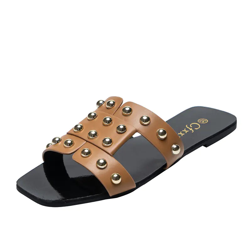 Women's Genuine Leather Studded Flat Slides