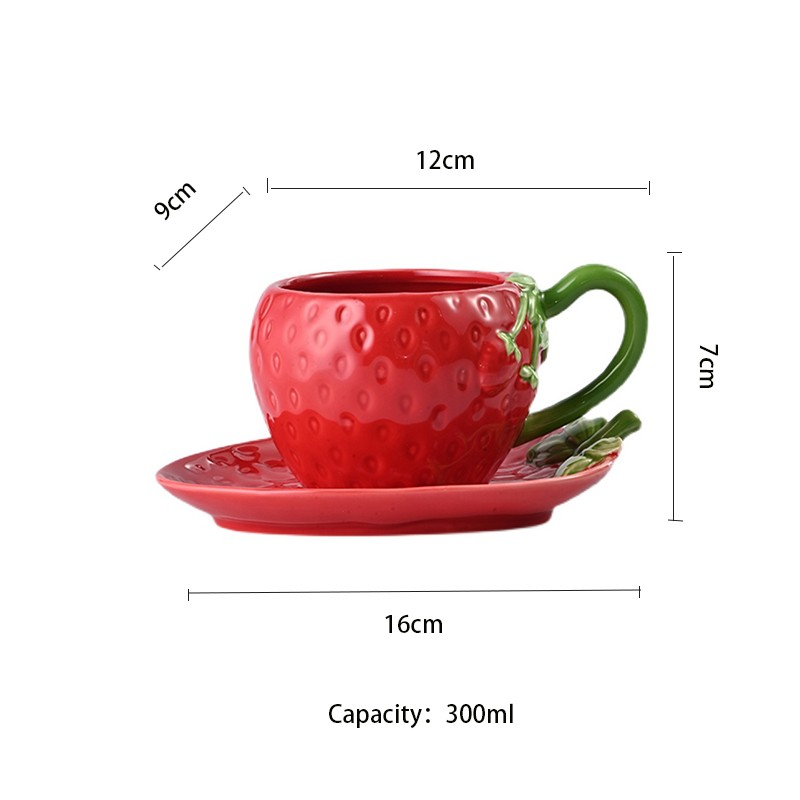 Hand-Painted Strawberry Ceramic Mug Saucer Set