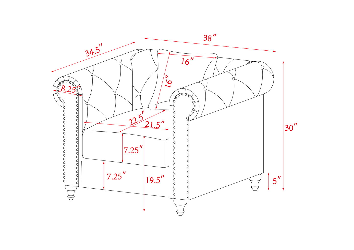 Sofa Chair with Button and Copper Nail on Arms and Back, 1 White Villose Pillow, Velvet Blue (38"x34.5"x30")