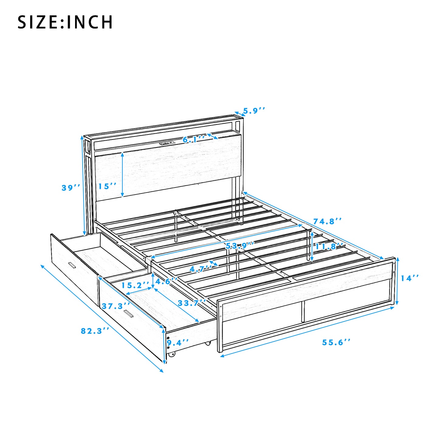 Full Size Metal Platform Bed Frame with Two Drawers, Sockets and USB Ports, Slat Support No Box Spring Needed