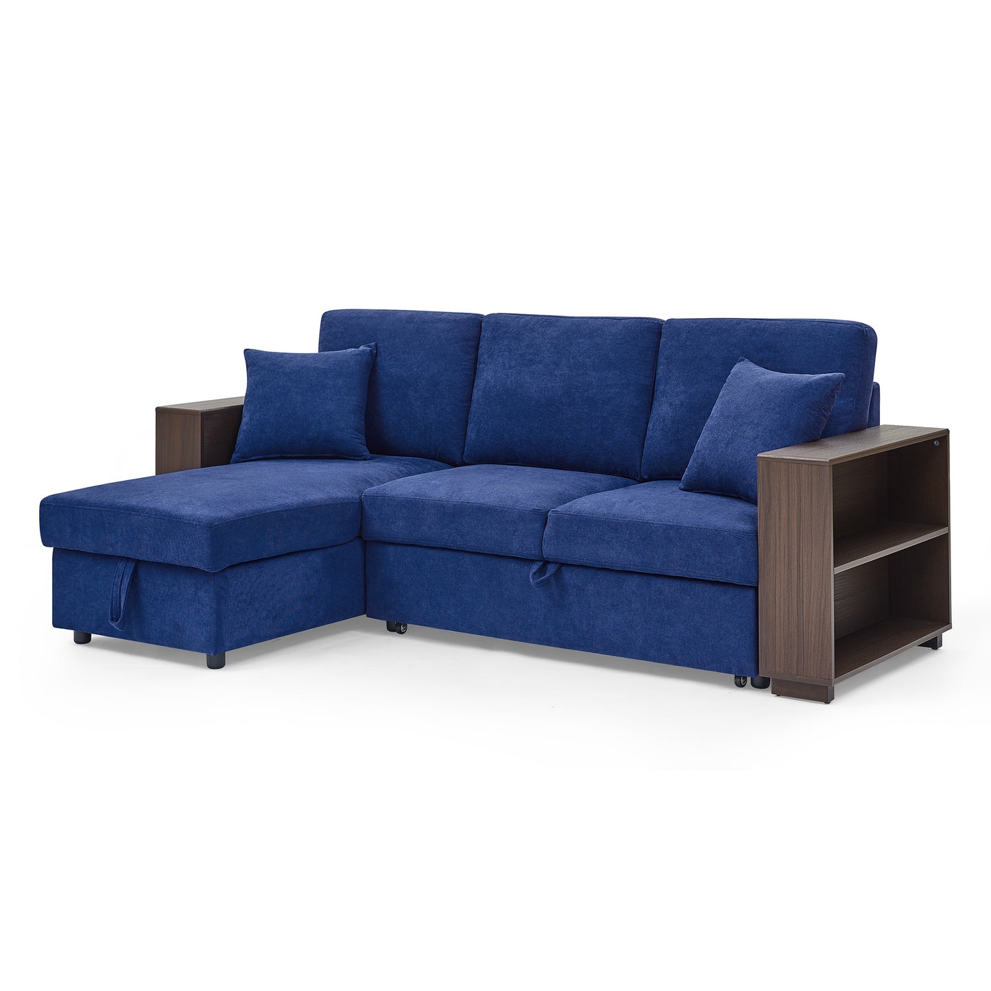 2 Seater Sectional Sofa with Pulled Out Bed and Reversible Chaise with Storage, MDF Shelf Armrest, Two Pillows, Navy Blue, (88"x52"x34")
