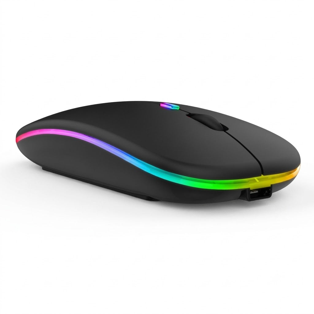 Rechargeable Dual-Mode Bluetooth 5.2 Wireless Mouse with 2.4GHz Receiver, Ultra-Silent Click & Colorful RGB LED Effects