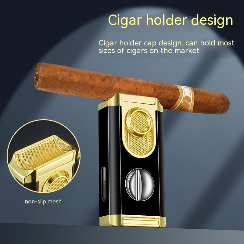 Metal Cigar Lighter with Built-in V-cut Cutter, Windproof Triple Jet Torch
