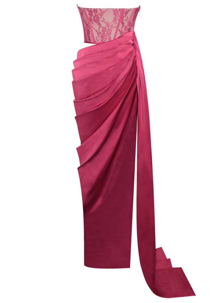 Strapless Lace Corset  Draped Floor-Length Dress