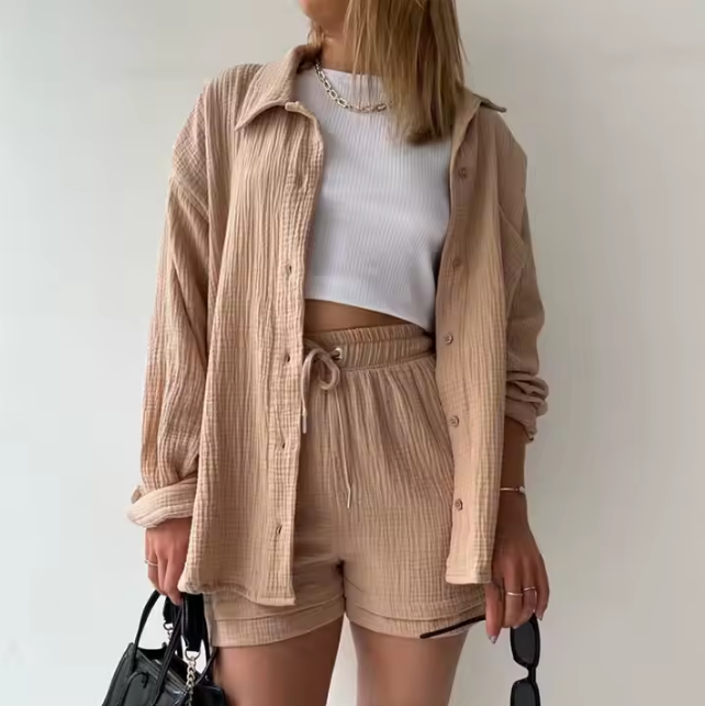 Two-Piece Cotton Button-Down Shirt with Shorts