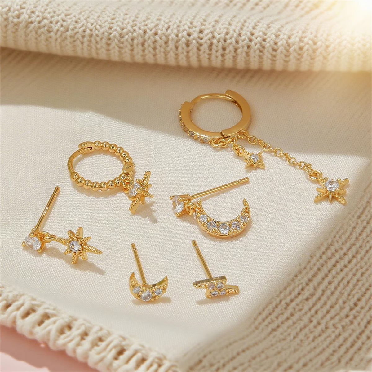 6-Piece 18k Gold Star-Moon Celestial Earring Set