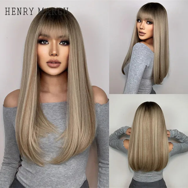 HENRY MARGU Natural Long Straight Synthetic Wigs with Bangs