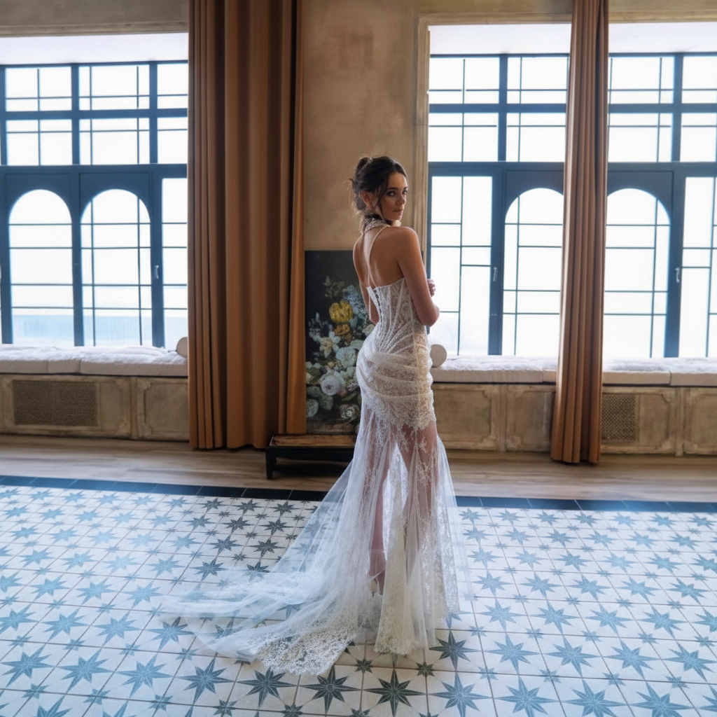 Strapless Lace Corset Bridal Gown with Sheer Skirt & Train