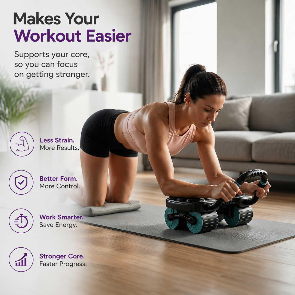 Automatic Rebound Ab Roller Wheel with Elbow Support and Built-in Timer