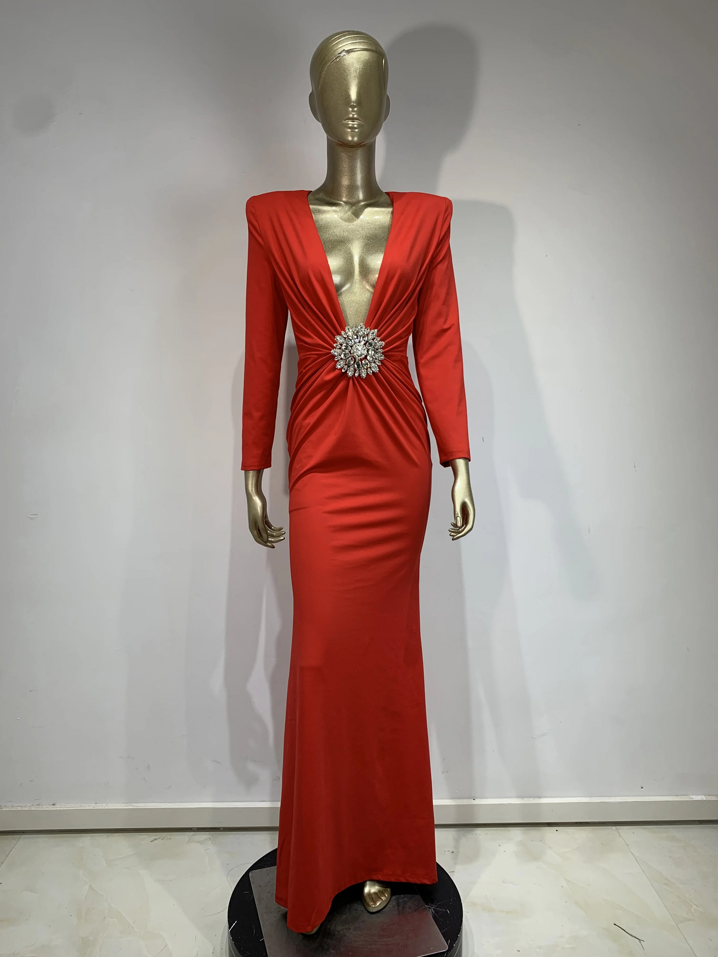 Plunging V Crystal Brooch Maxi Dress