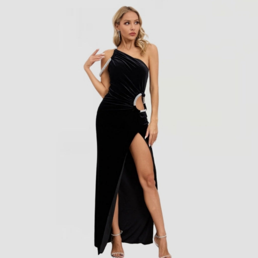 Thigh-High Slit One-Shoulder Evening Gown