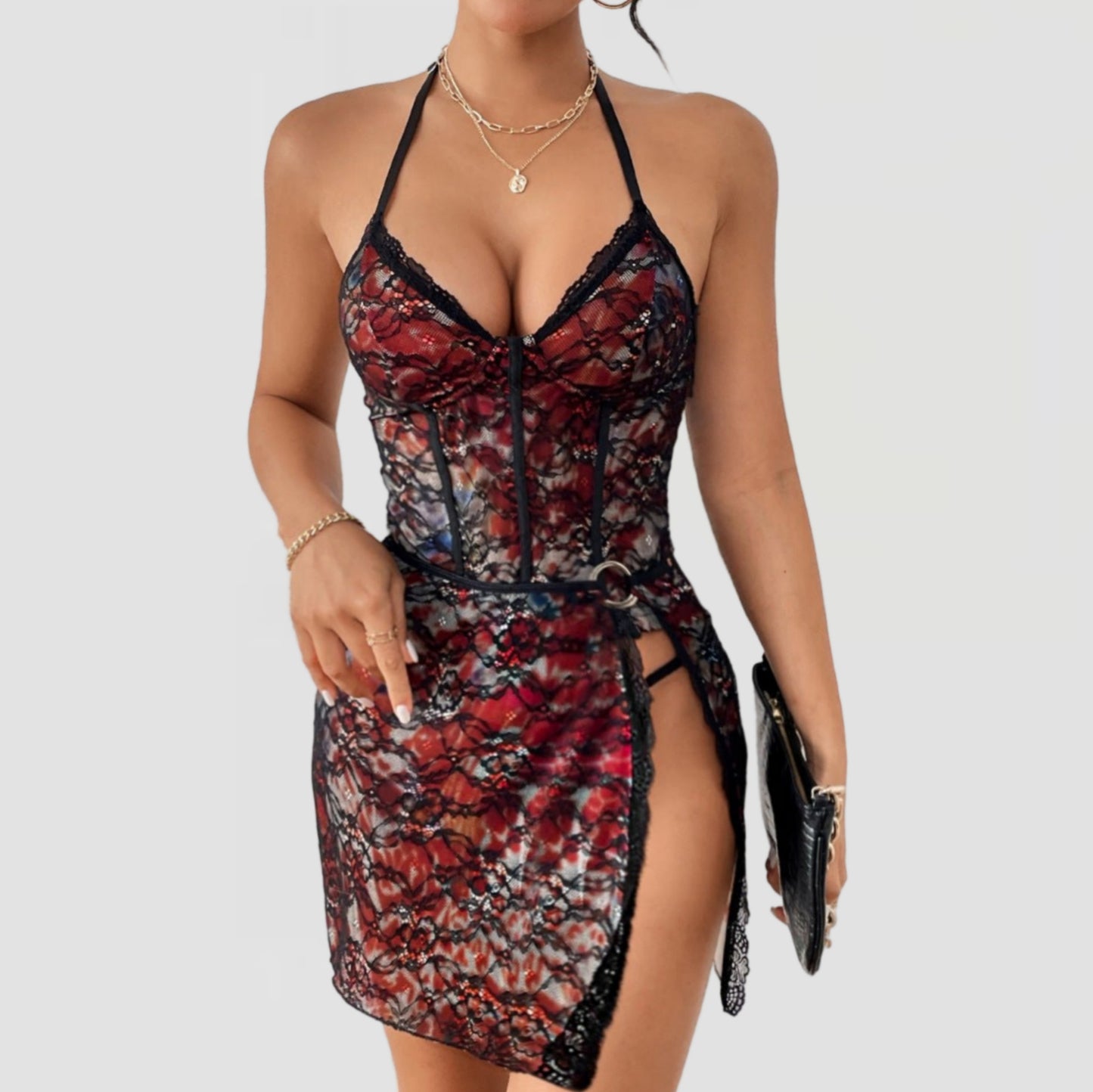 Printed V-Neck Halter Mini Dress with Side Slit