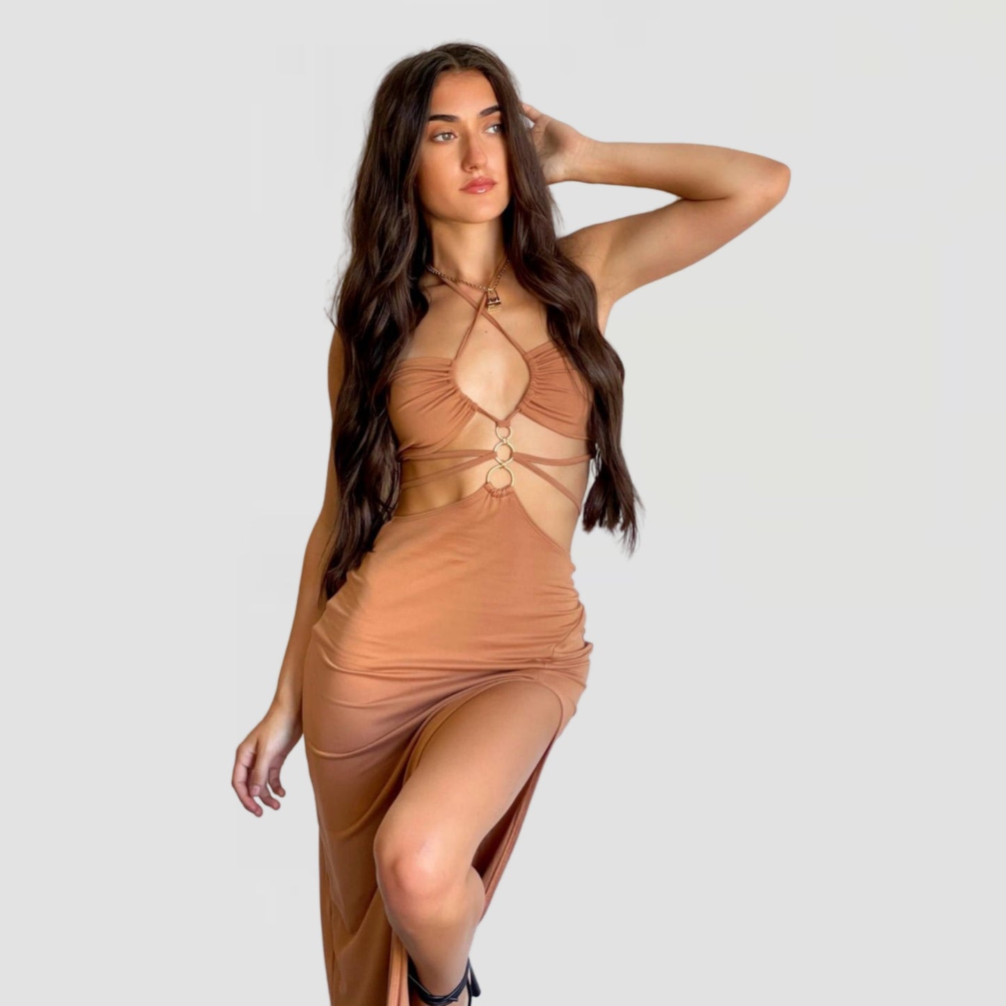 Thigh-High Slit Halter Cut-Out Maxi Dress