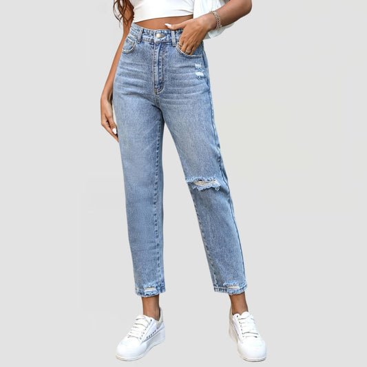 High-Waisted Straight Leg Ripped Jeans
