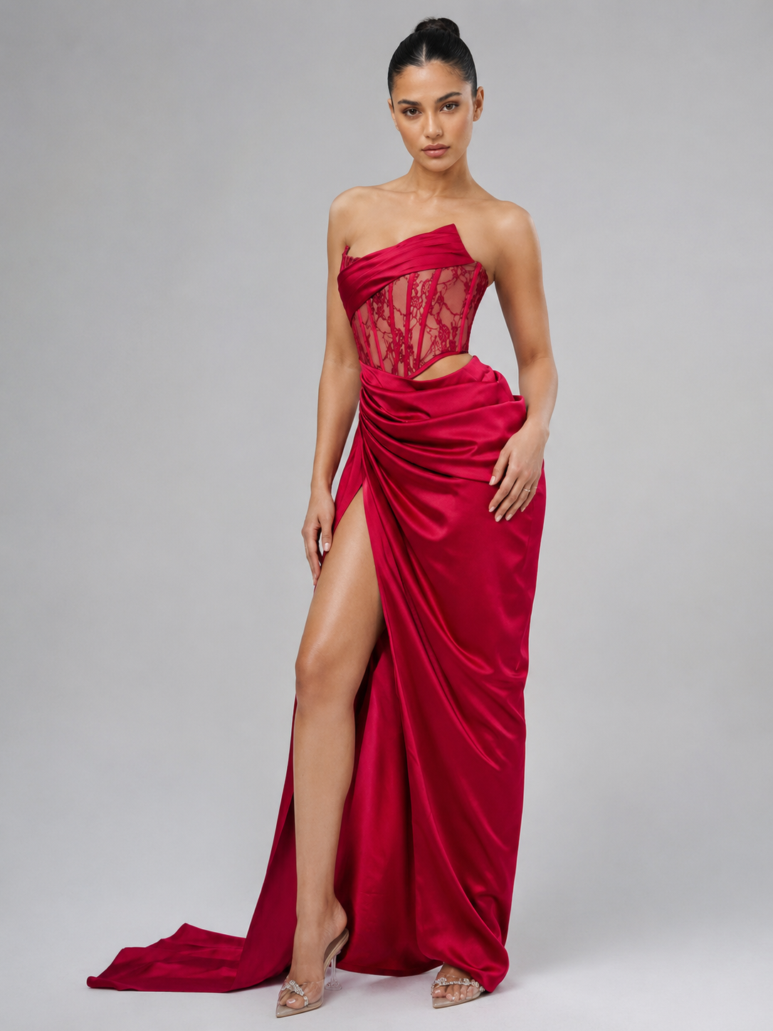 Lace Corset Draped Floor-Length Gown