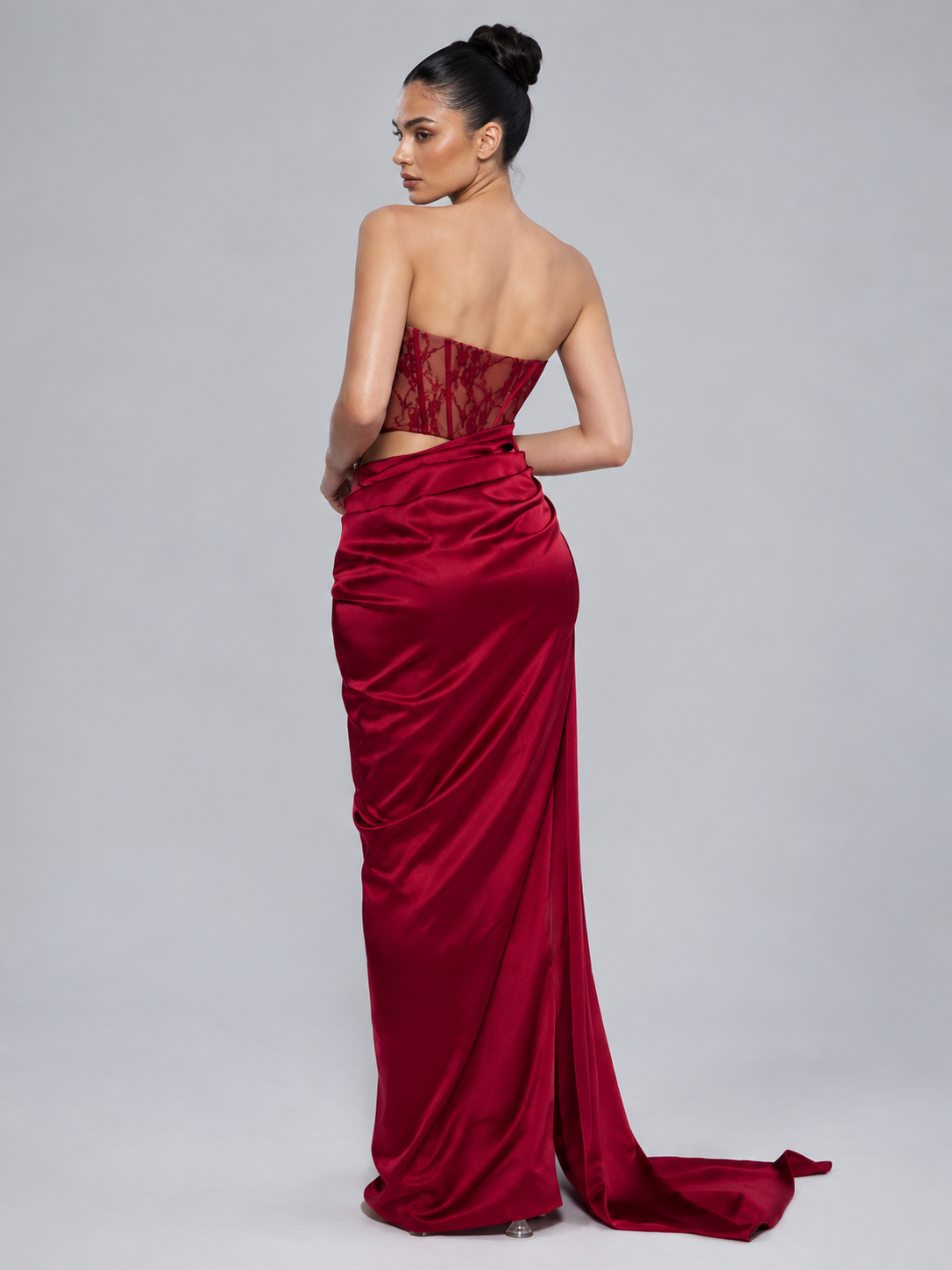 Lace Corset Draped Floor-Length Gown