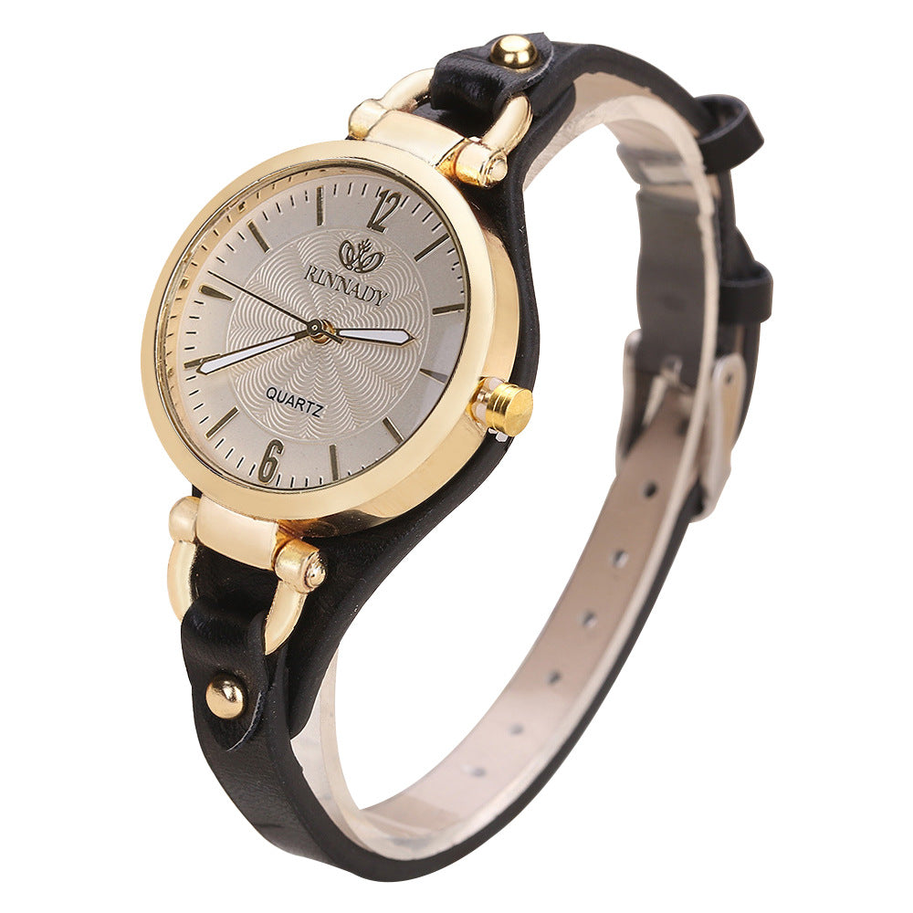RINNADY Women's Quartz Watch – White Dial, Leather Strap
