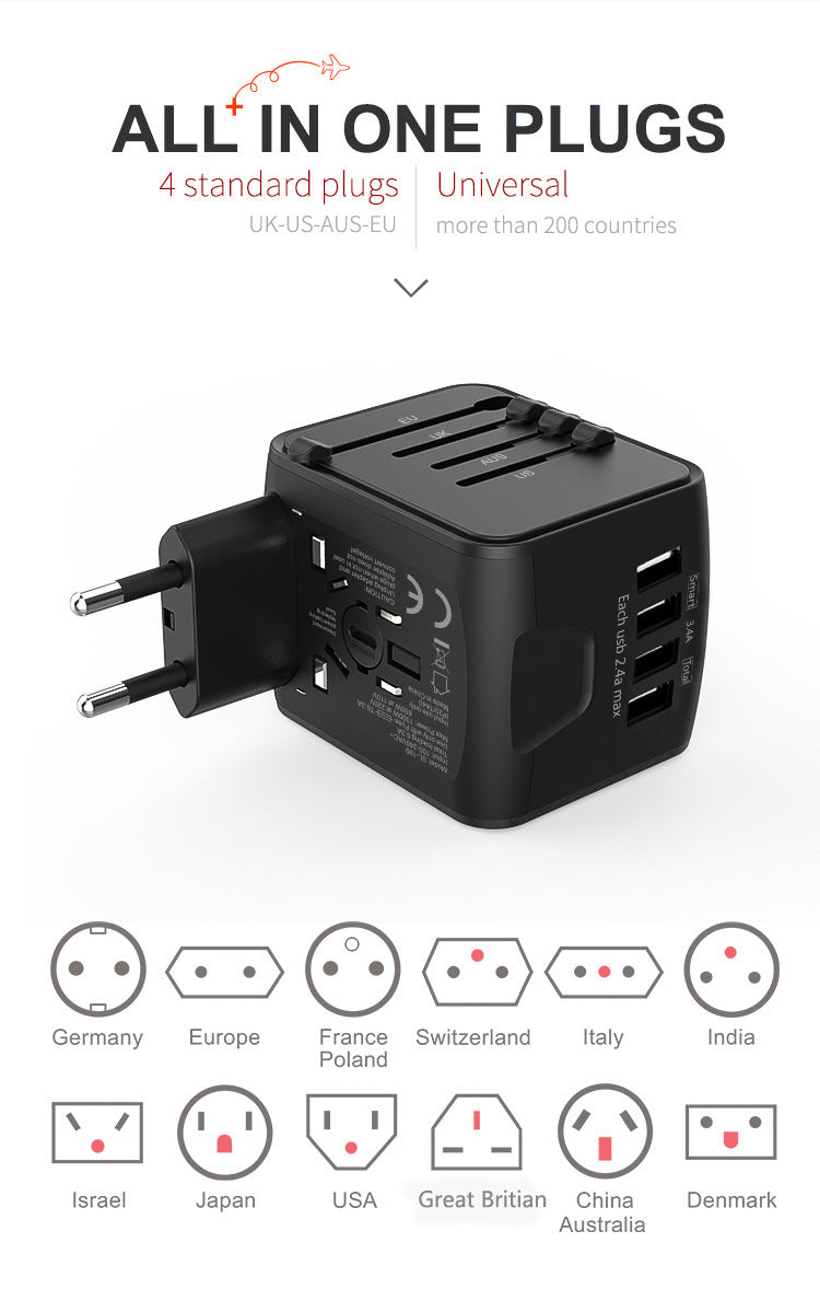 Universal Fast Charging Travel Adapter with 4 USB Ports, 4 Standard Plugs UK-US-AUS-EU