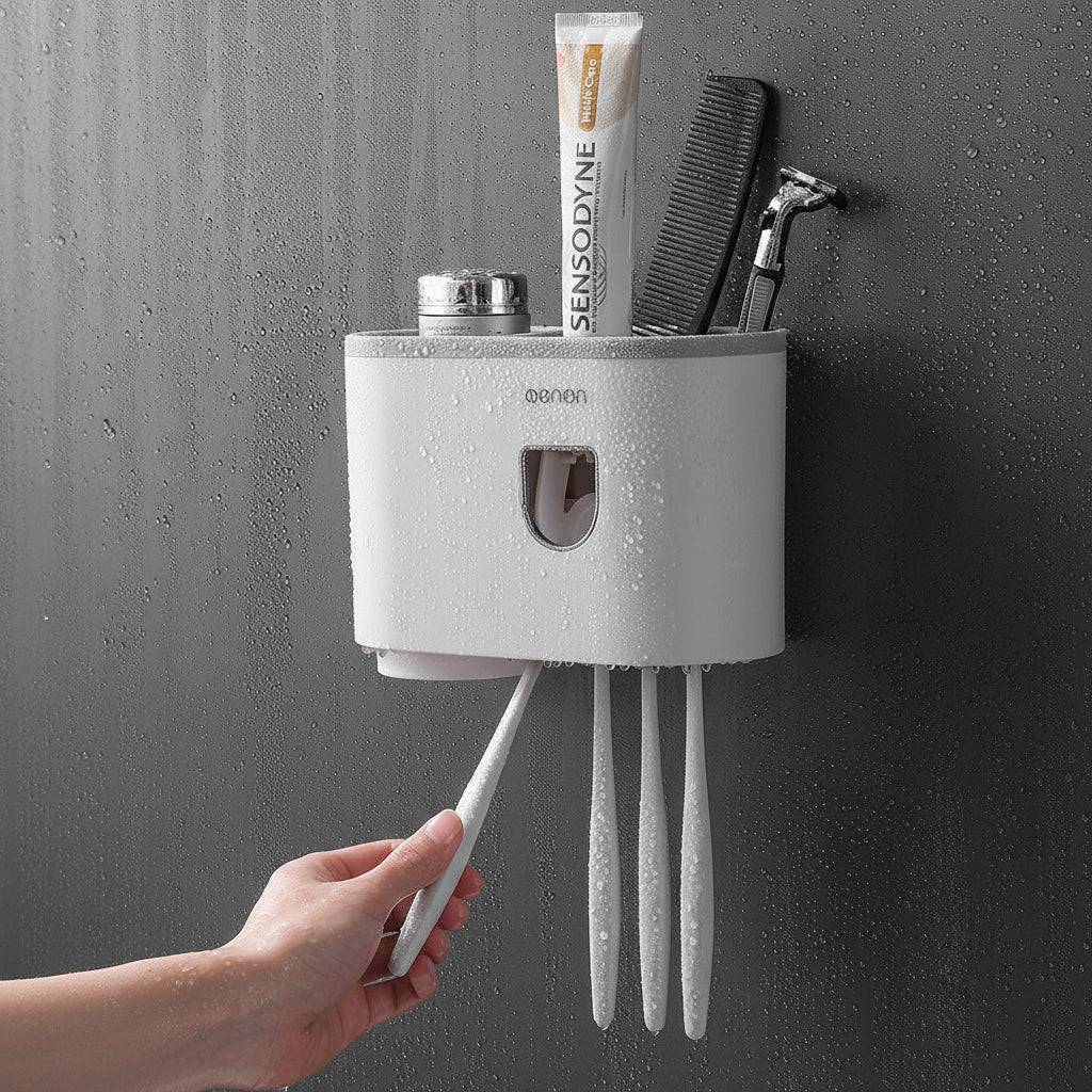 3-in-1 Wall-Mounted Toothbrush Holder with Automatic Toothpaste Dispenser