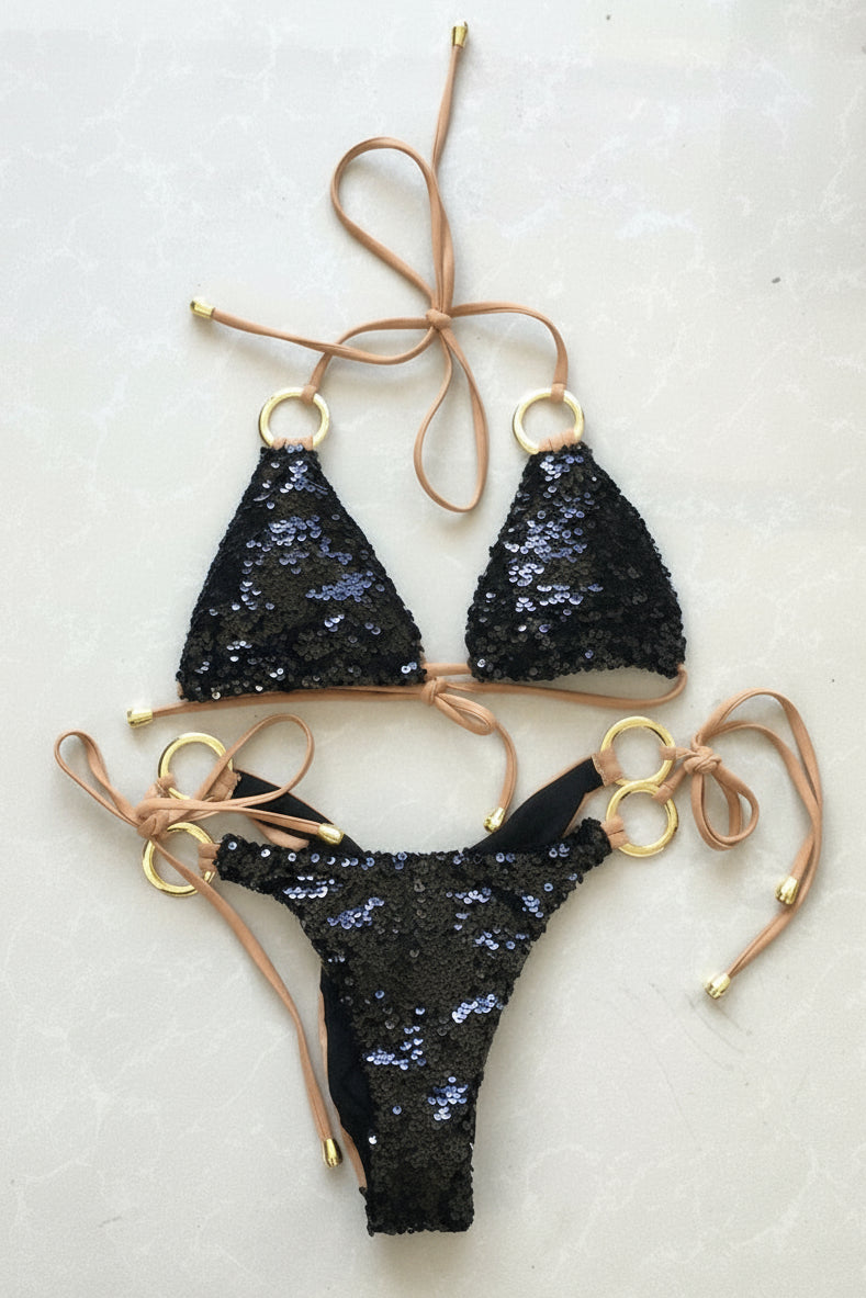 Two-Piece Sequin Halter Bikini Swim Set