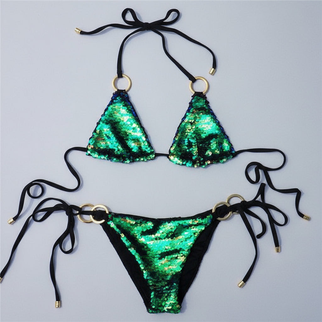 Two-Piece Sequin Halter Bikini Swim Set
