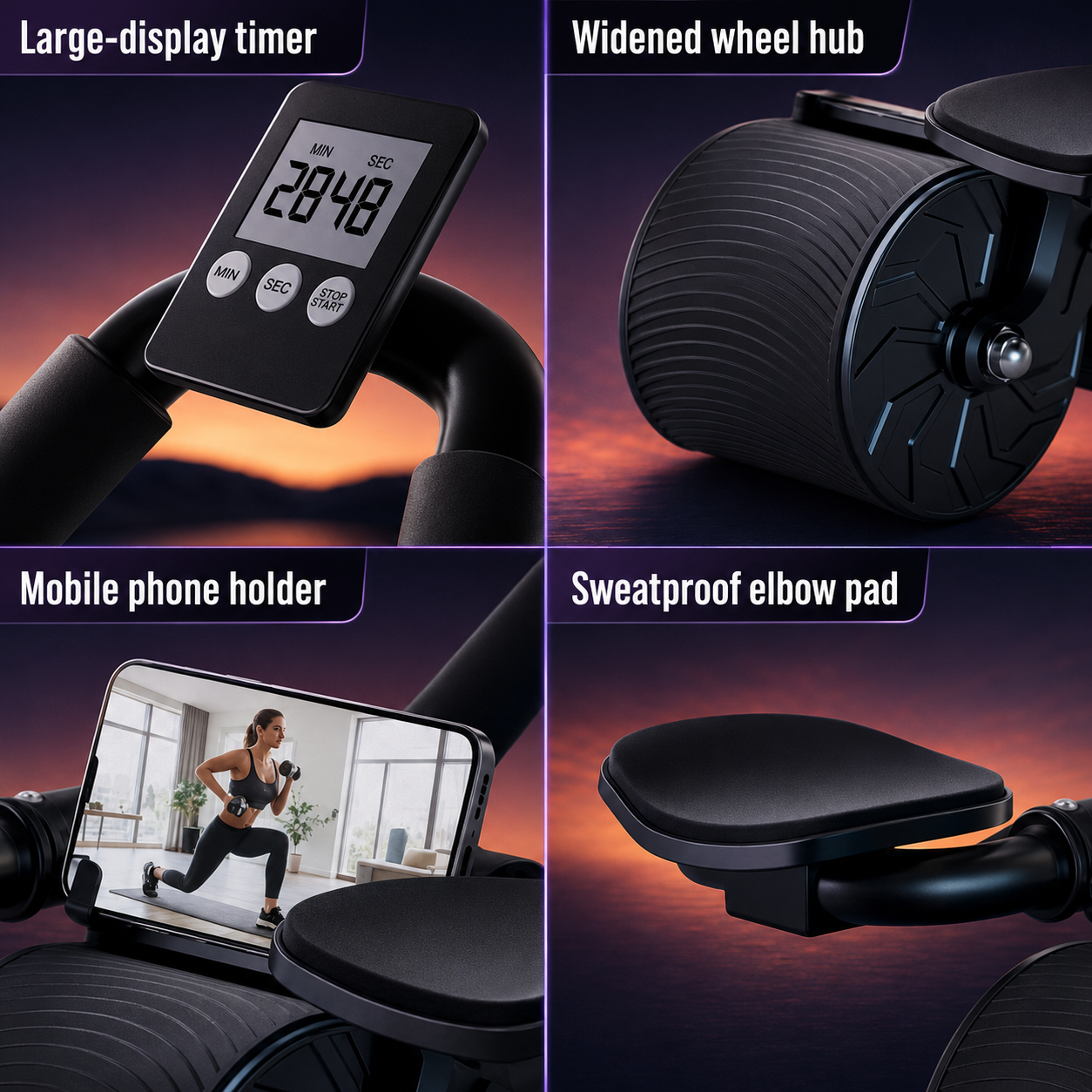 Automatic Rebound Ab Roller Wheel with Elbow Support and Built-in Timer