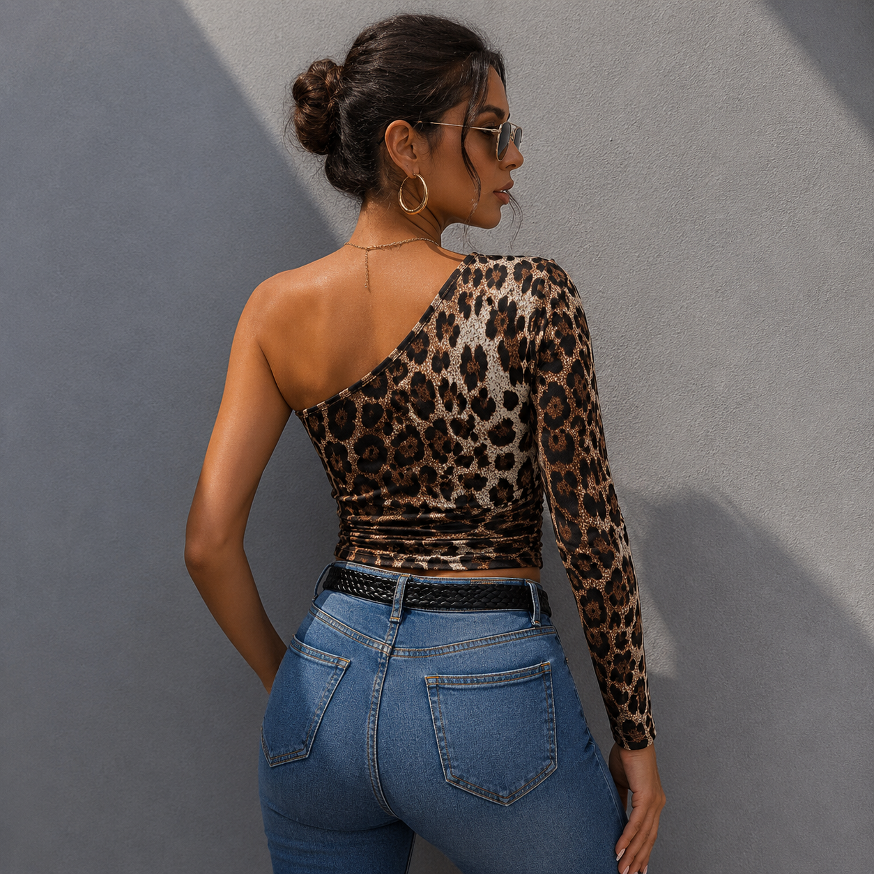 Leopard One-Shoulder Cutout Top
