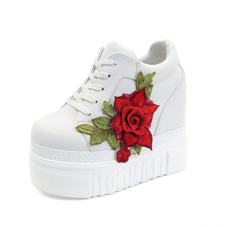 Embroidered Rose Platform Wedge Sneakers