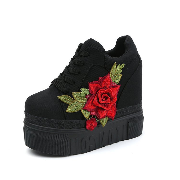Embroidered Rose Platform Wedge Sneakers