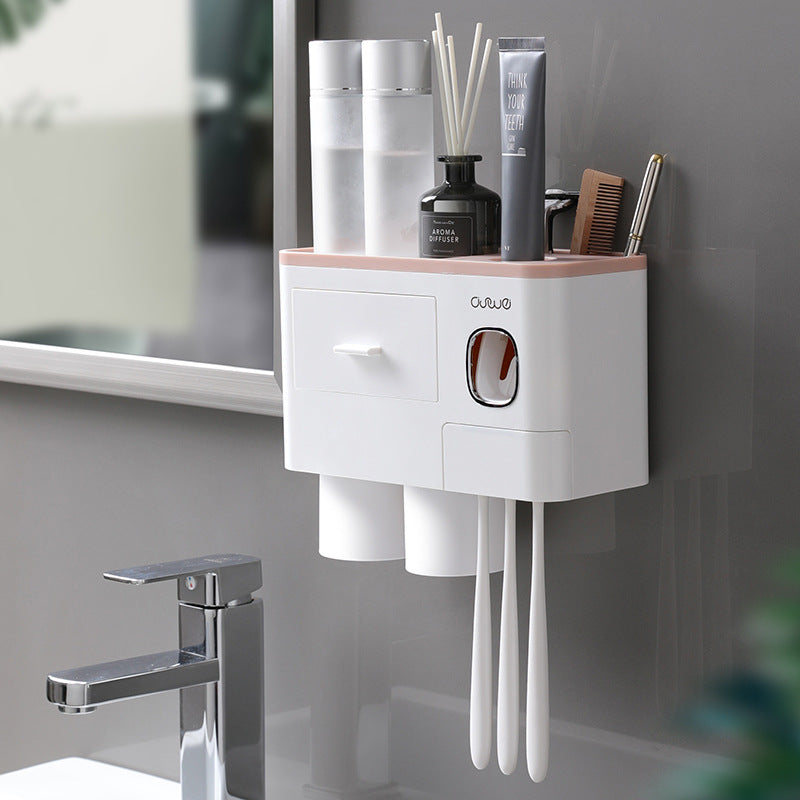 Wall-Mounted Multifunction Toothpaste Dispenser, Toothbrush Holder, Double Drawer Bathroom Organizer