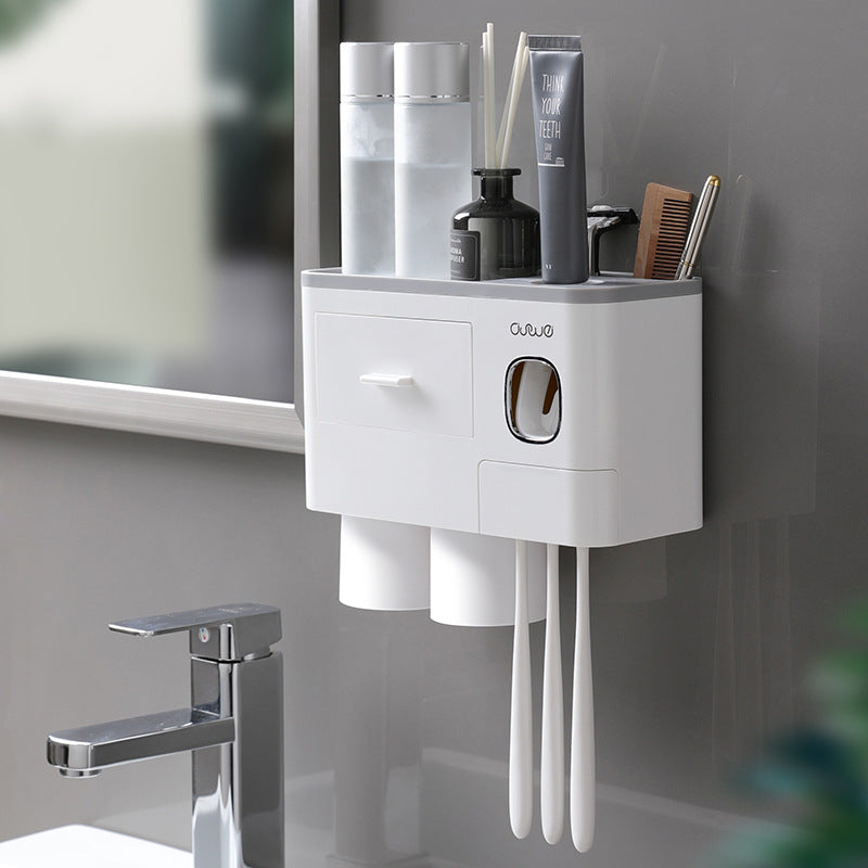 Wall-Mounted Multifunction Toothpaste Dispenser, Toothbrush Holder, Double Drawer Bathroom Organizer